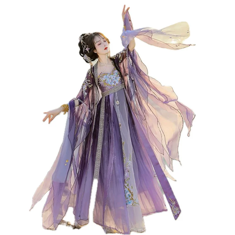 Chinese Hanfu Dress Women Cosplay Costume Vintage Ancient Embroidery Purple Yellow Sets Party Outfit Hanfu Dance Dress Plus Size