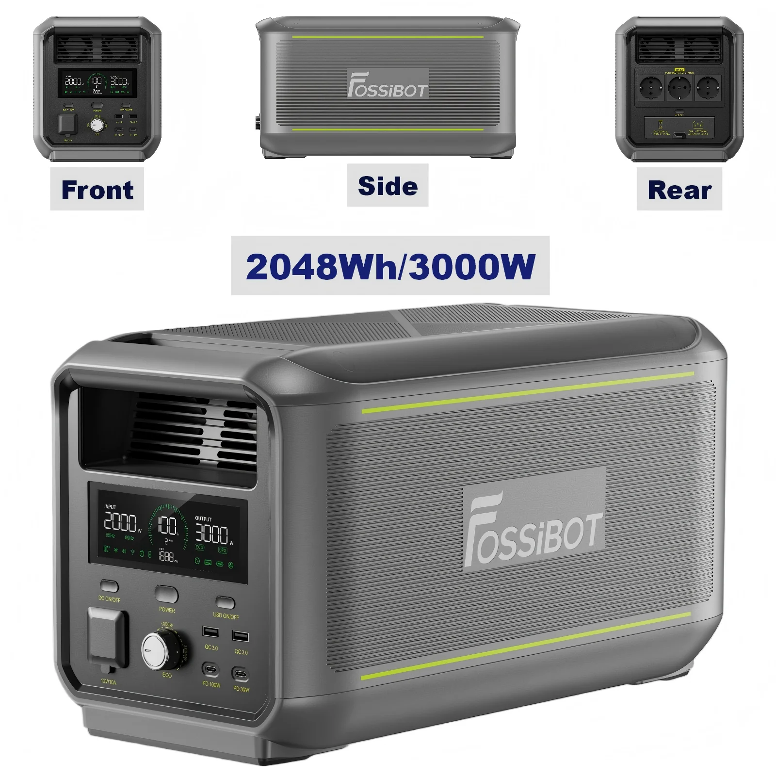 Générateur solaire FOSSiBOT F3000 avec application |   Centrale électrique portable LiFePO4 2048Wh, sortie AC 3000W (6000W de crête) |   UPS, BMS, Mode ECO |   Idéal pour le camping, les voyages en camping-car et comme alimentation de secours à la maison.