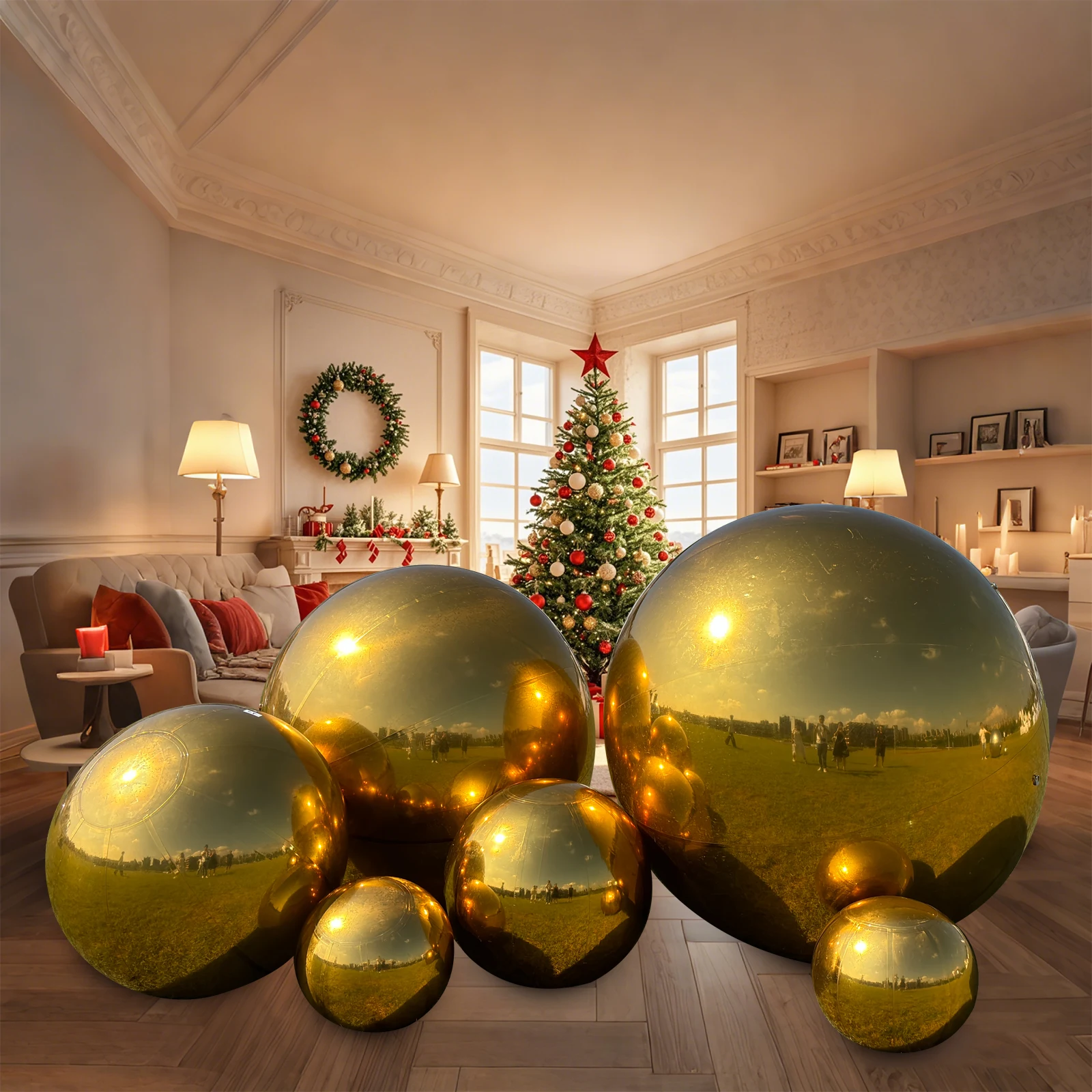 Inflatable Christmas Mirror Balls Set-6pcs Shiny Gold Balls Airtight Giant Mirror Balloon Large PVC Sealed Sphere For Party Deco