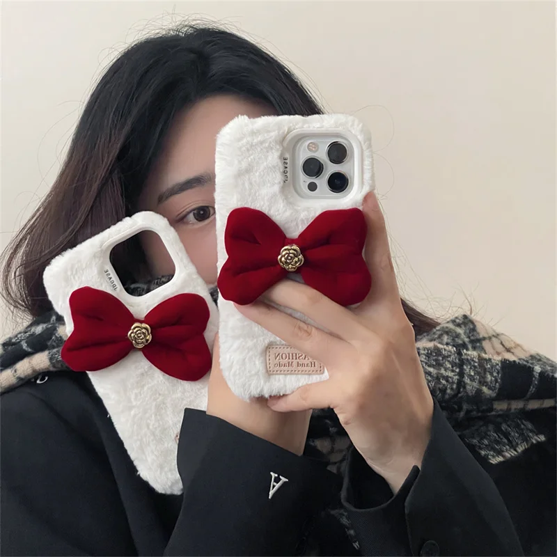 

Plush fashion Camellia bow case for iPhone 16 Pro Max 15pro 14 13promax 11 12 Korea Cute furry silicone all-wrap anti-drop case