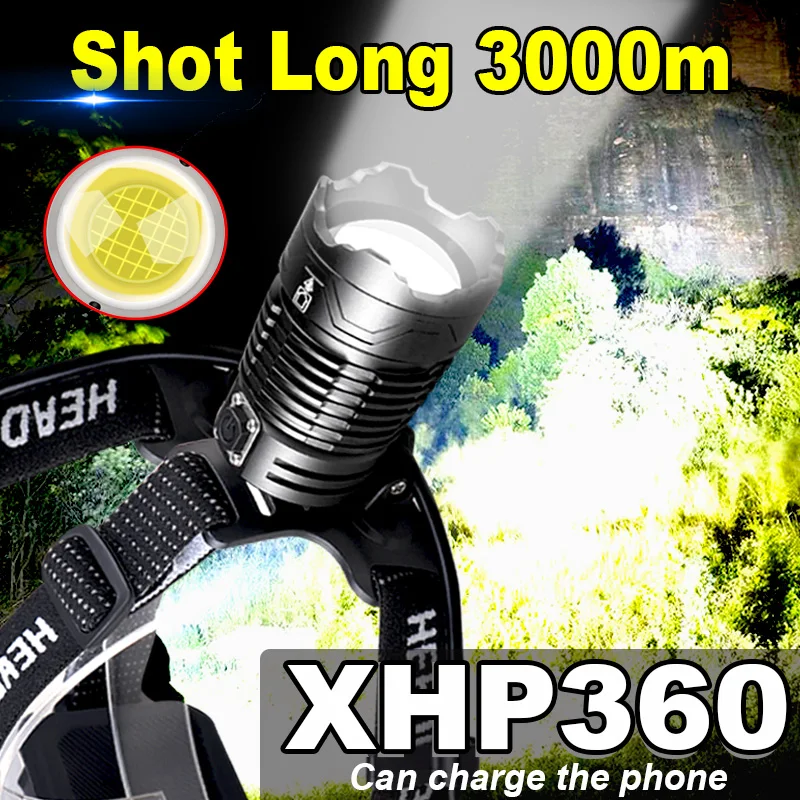 2023 XHP360 Brightest Led Headlamp Zoomable Powerbank 36-Core Headlight USB Rechargeable 7800mah Battery Head Flashlight Lamp