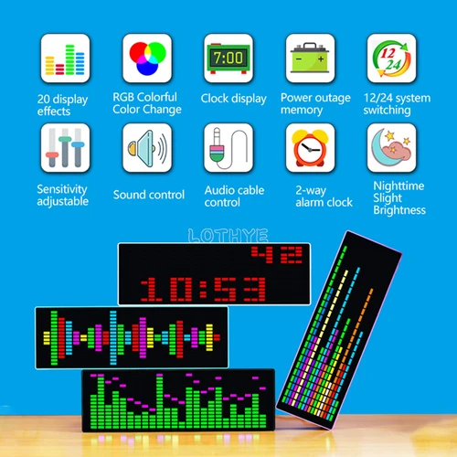 Imagen 2 del producto LOTHYE RGB ritmo LED estéreo música espectro pastilla reloj electrónico Control de voz indicador de nivel VU medidor lámpara de ambiente de coche