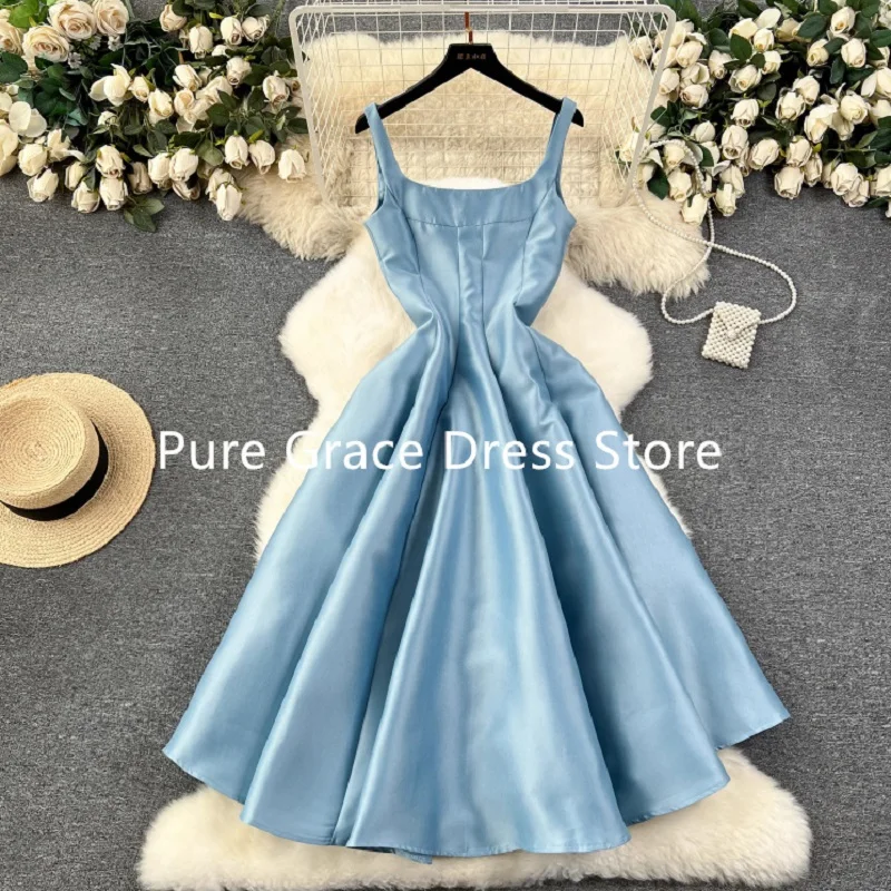 Elegant French Socialite Style Sweet Pink Square Collar Prom Dress Women Spring Summer A-line Tea Break Formal Vestidos 2024