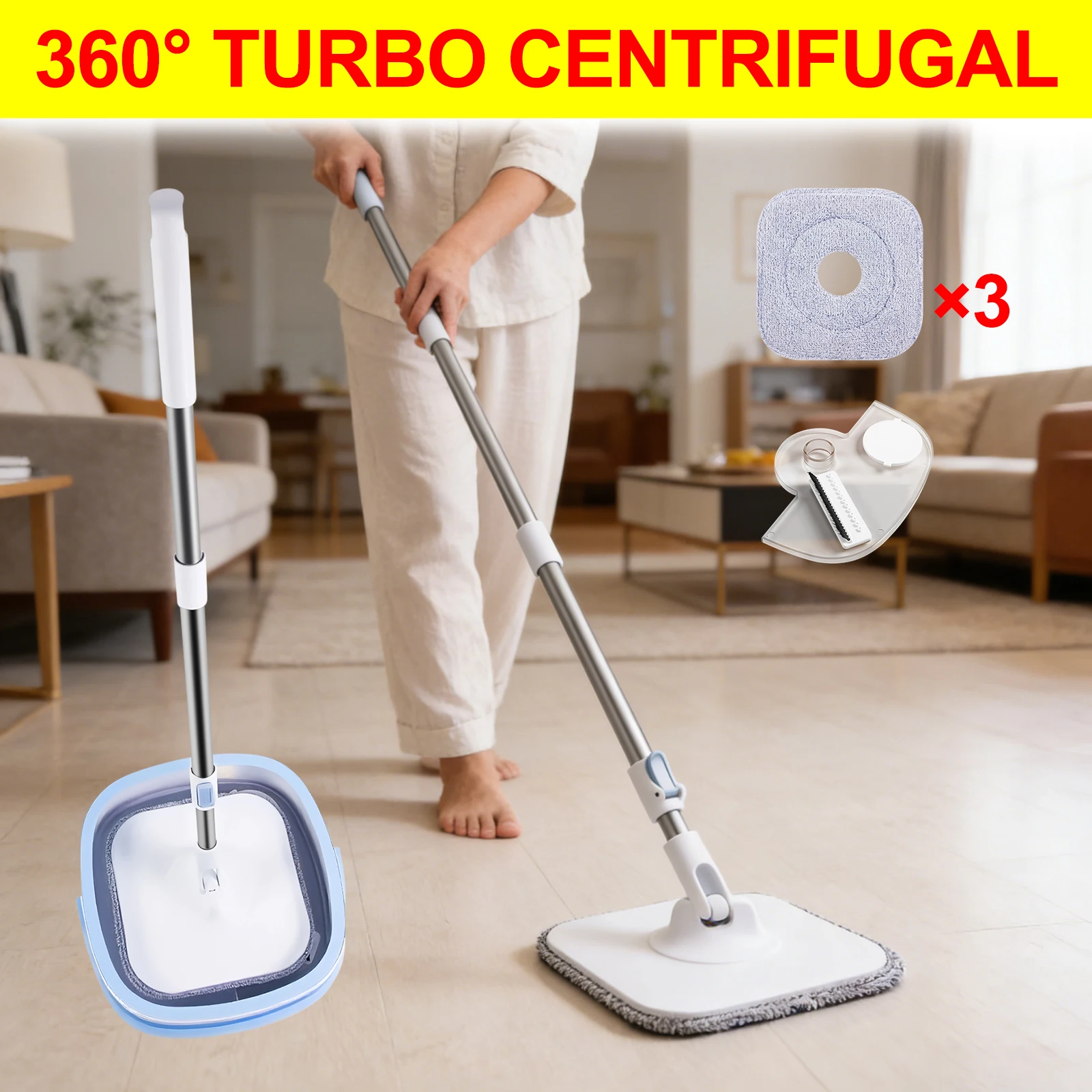 Mop rotante 360 ° Sistema di lavaggio pavimenti a mani libere con secchio separato per acqua pulita e sporca, mocio quadrato per uso a umido e a secco, ideale per la pulizia di casa e dei peli di