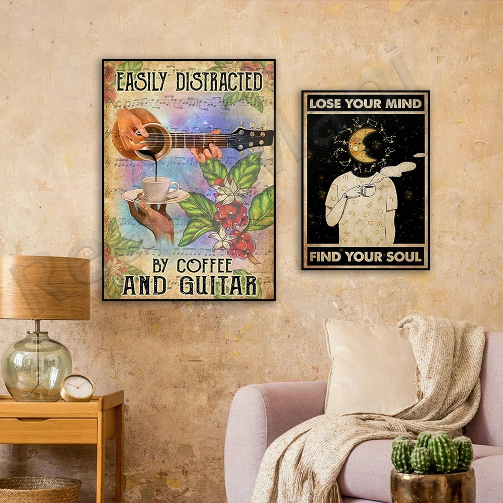 Easily distracted by coffee and guitar vintage prints, guitar prints, zodiac constellations lose your mind find your soul poster