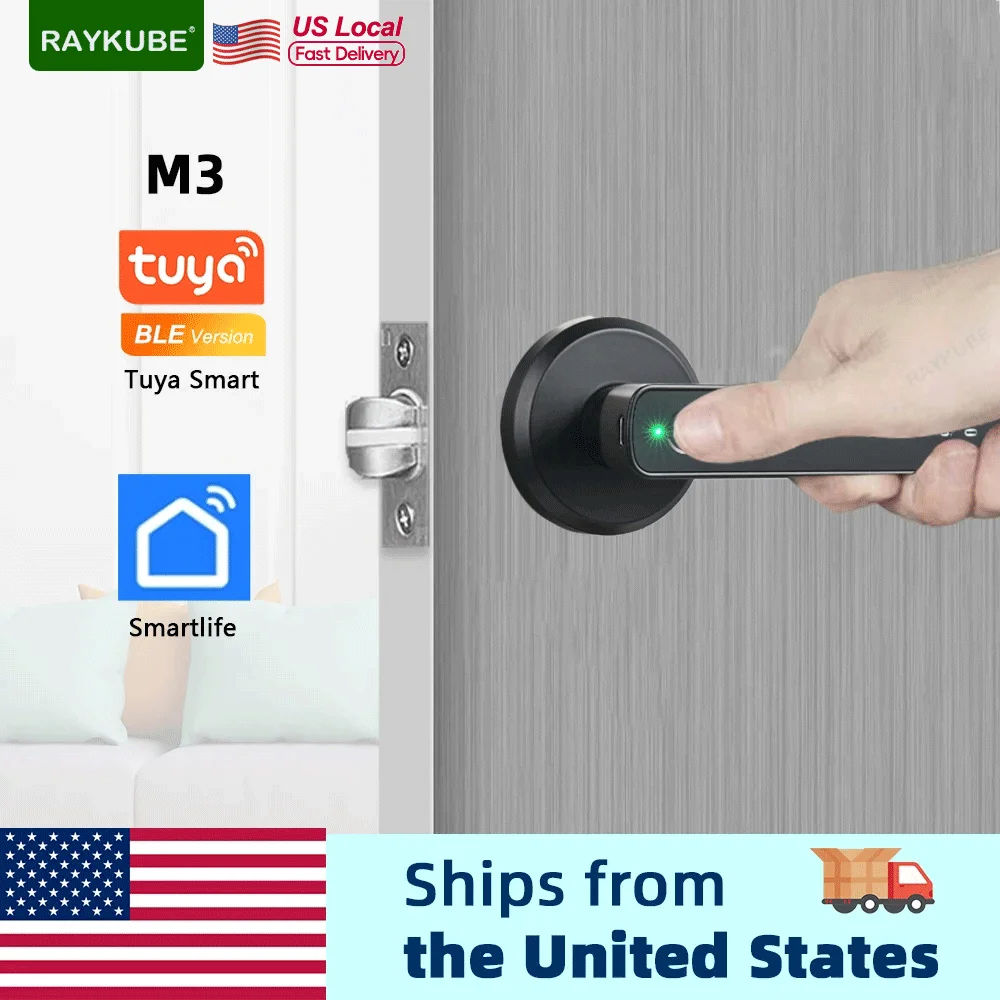 RAYKUBE M3 Tuya BLE Smart Fingerprint Electronic Door Lock Password Lock with Keys Smartlife/Tuya APP Unlock Delivery From USA