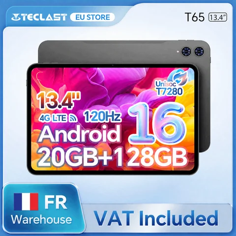 Tablet Android Teclast T65 16 13.4" Tela 120Hz T7280 Octa-Core Máx. 20GB RAM 128GB ROM (até 1TB) 4G LTE 8000mAh Widevine L1