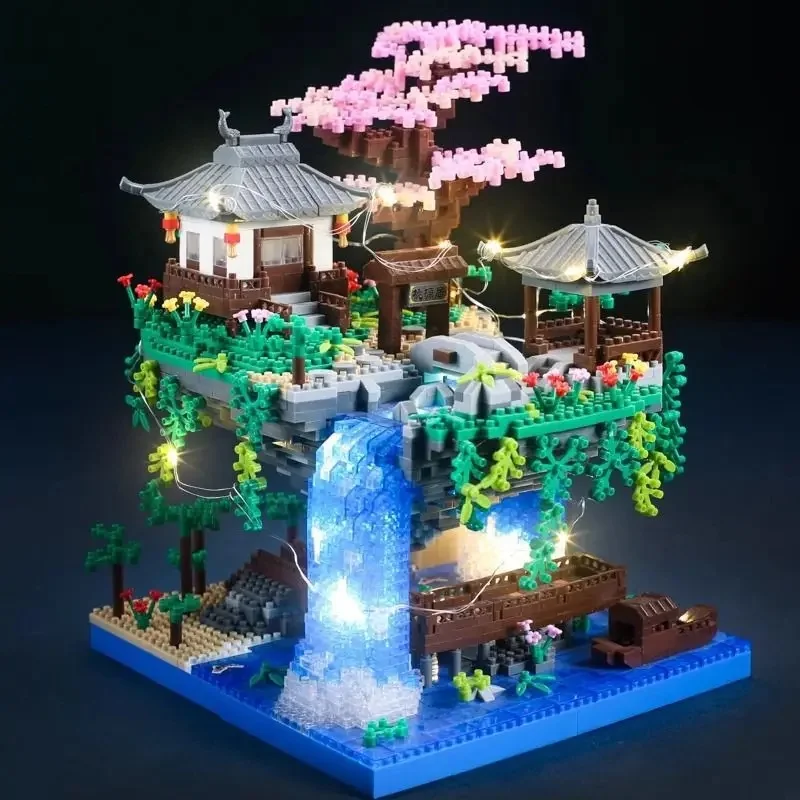 Ensemble créatif de vues de maison d'arbre de château de Sakura d'étang de fleur de pêcher, blocs de construction de modèle de ville, jouets en briques pour enfants et adultes, cadeau