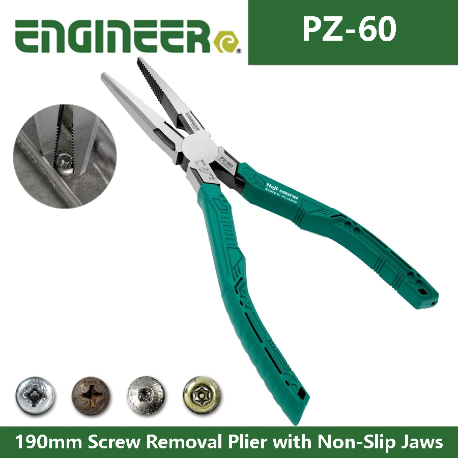 ENGINEER PZ-60 Screw Removal Plier 190mm with Non-Slip Jaws and Wire Cutter Long Nose Plier with Screw Extracting Serrated Jaws