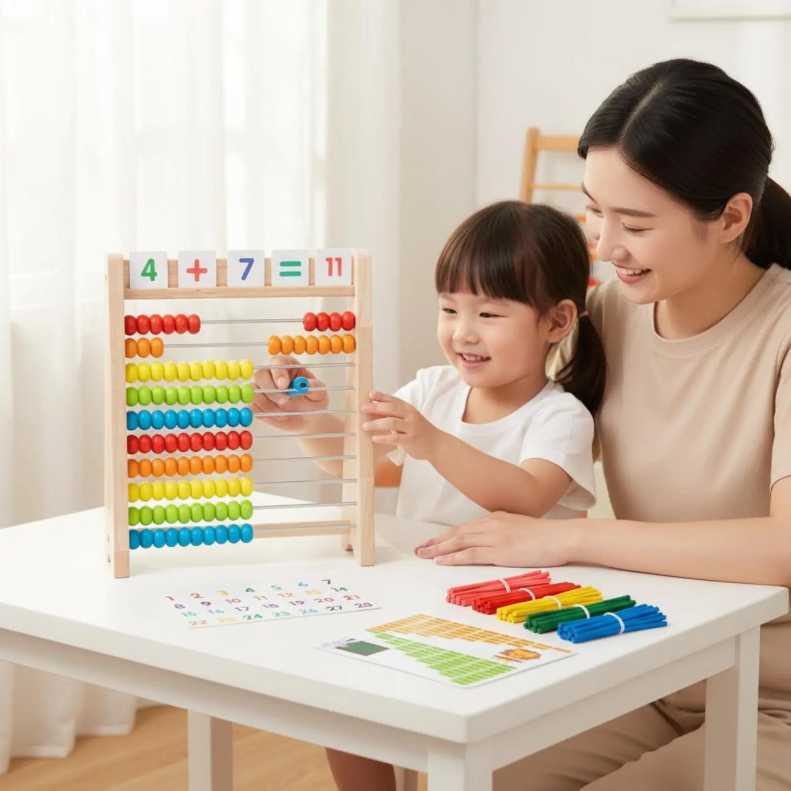 Wooden Abacus Colorful Beads Kids Math Counter Develops Hand-Eye Coordination 10-Row Learning Abacus for Young Children SET 2