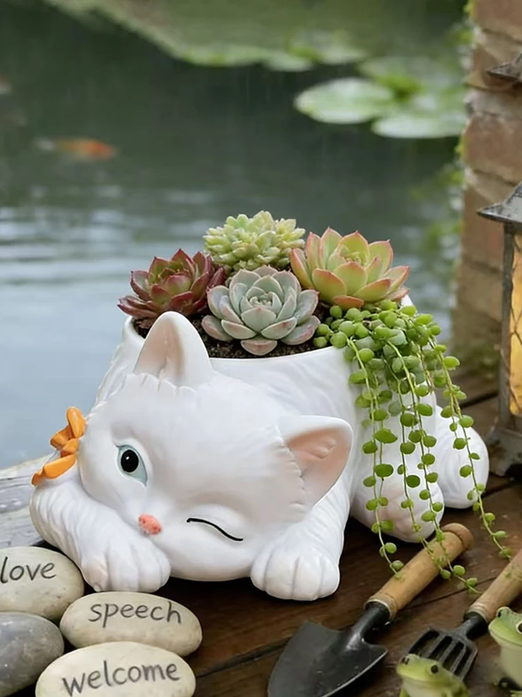 Kreativer Zwinkernder Katzen-Keramiktopf für Sukkulenten Niedlicher Tierförmiger Blumentopf mit Fliege für Heim Garten Balkon Deko Geschenk – Detail 4