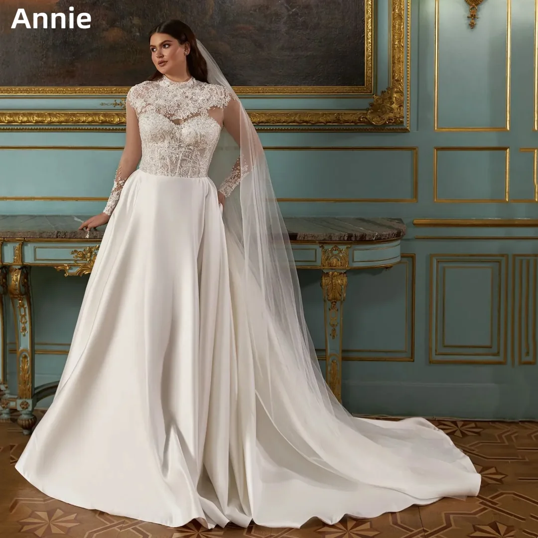 

Annie Gorgeous Princess White Prom Dresses Lace Tulle Long Sleeves Evening Dresses Satin Mopping A-line فساتين سهرة