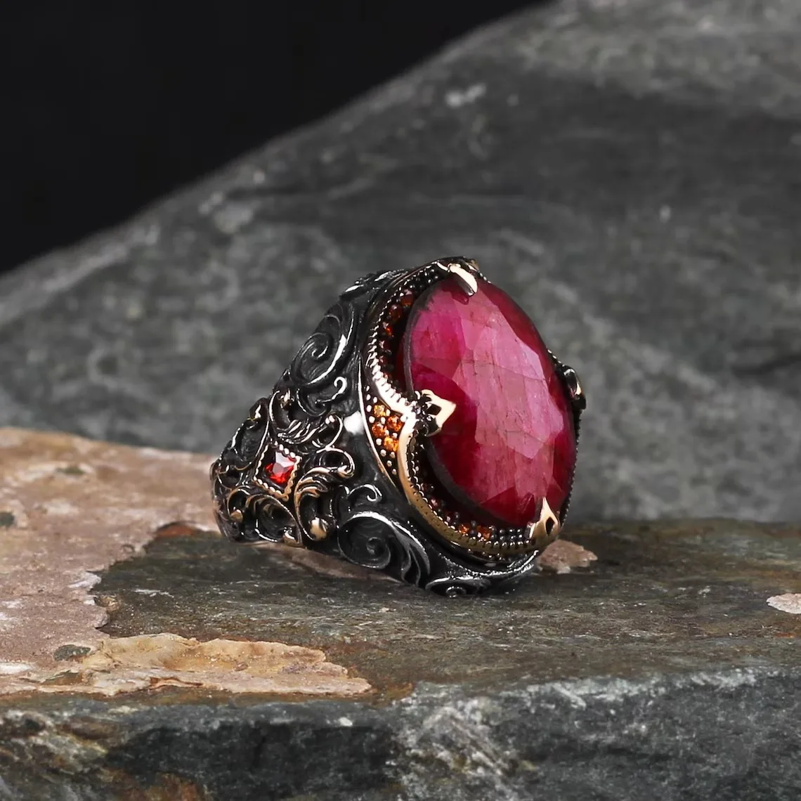 925K Sterling Silver Ring, Ruby Gemstone Exclusive Jewelry For Man Fine Workmanship Vintage Style Turkish Handmade Access Gif