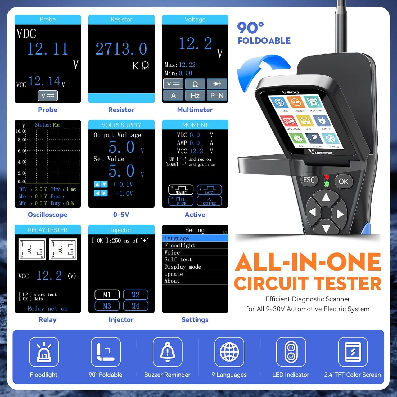 VDIAGTOOL V500 Tester Obwodów Elektrycznych Samochodowych 9-30V z Oscyloskopem, Multimetrem, Testerem Wtryskiwaczy i Przekaźników — zdjęcie 5