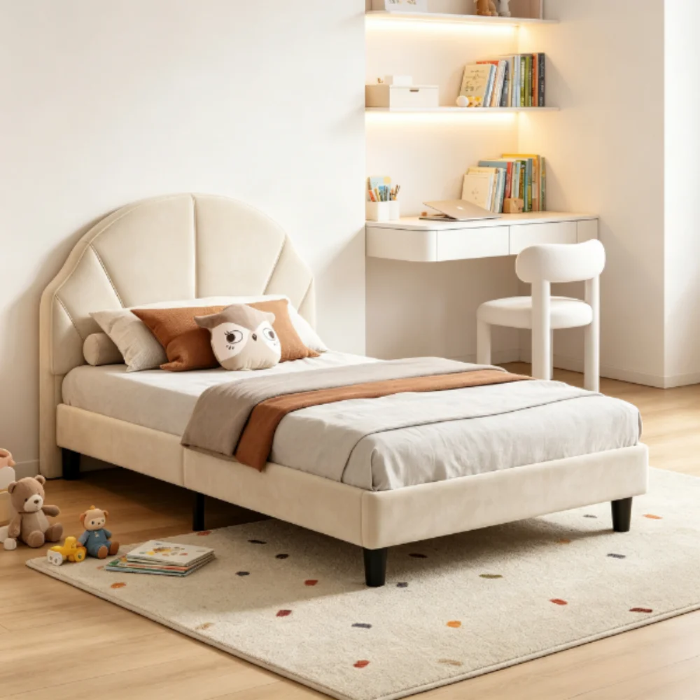 Letto per bambini Superaly, 90 x 190 cm, letto singolo, letto moderno imbottito per bambini piccoli con testiera curva e morbida, struttura del letto per bambini a basso profilo, velluto, color beige.
