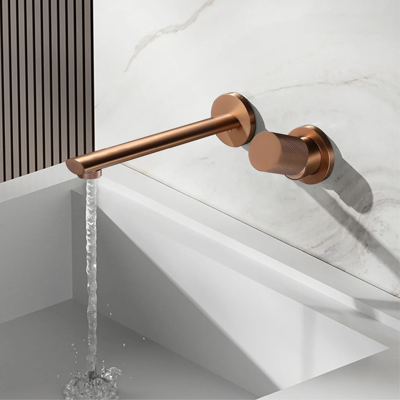 Luxuriöser Roségold-Messing-Wandarmatur für Badezimmer. 2-Loch-Einhebelmischer mit einstellbarem Wasserdruck und Heiß- & Kaltwasser-Unterputzarmatur.