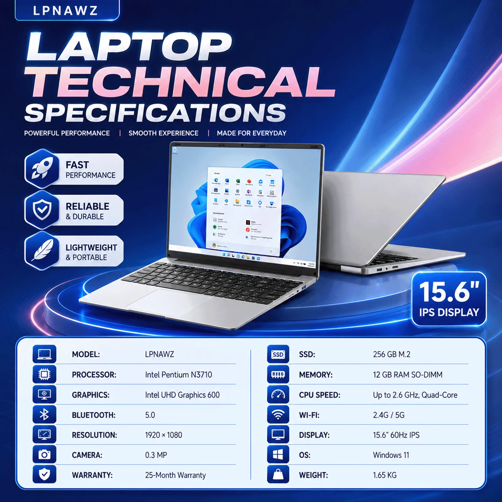 15.6" Laptop Computer Intel N3710 Quad Core Processor 12GB RAM 256GB SSD Notebook Windows 10 Pro PC FHD 1080P IPS Display WiFi 2.4G/5G Bluetooth 5.2 Slim Lightweight Laptop for Student Business Office Home Use Multilingual system DE FR IT ES