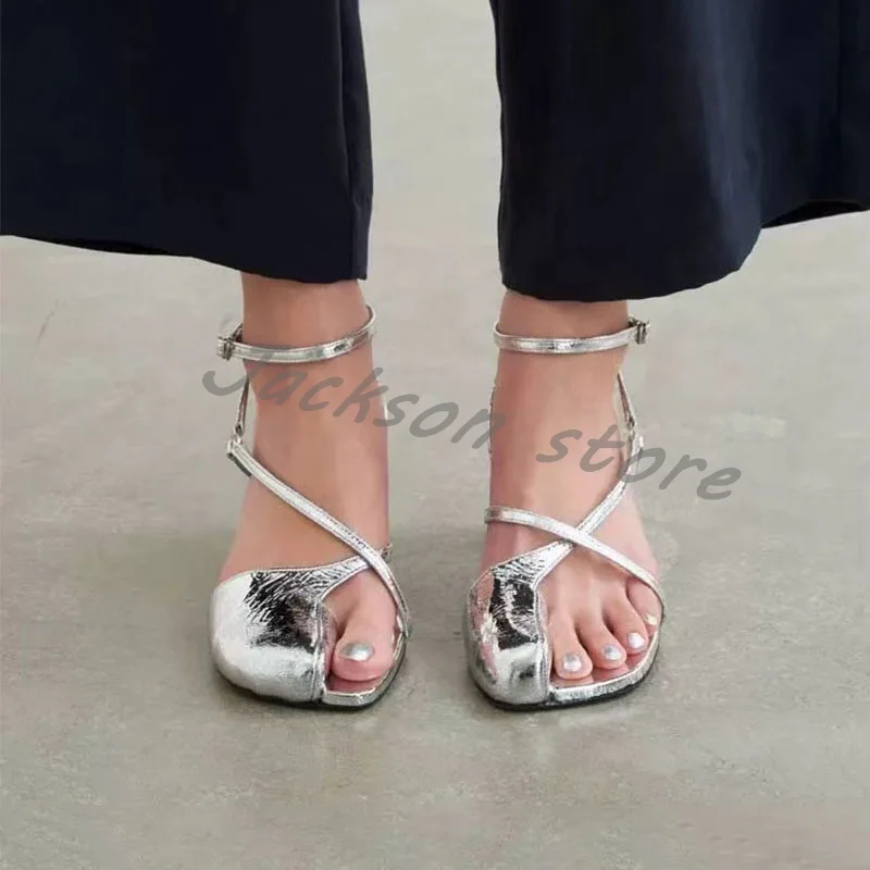 Silver Metallic Leather Round Toe Thick Heel Sandals for Women Casual Cross Strap Buckle High Heels Sexy Strappy Open Toe Pumps