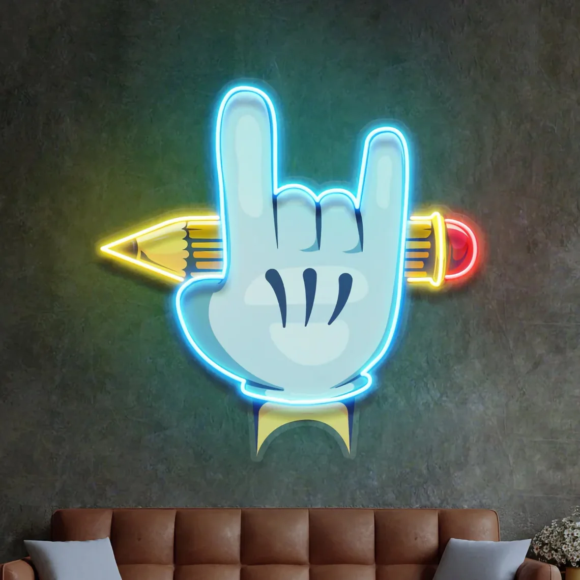 Rock Hand Neon Sign UV Print Hand with Pen Art Neon Wall Hanging Bar Beer Home Decor Gaming Room Atmosphere Decor