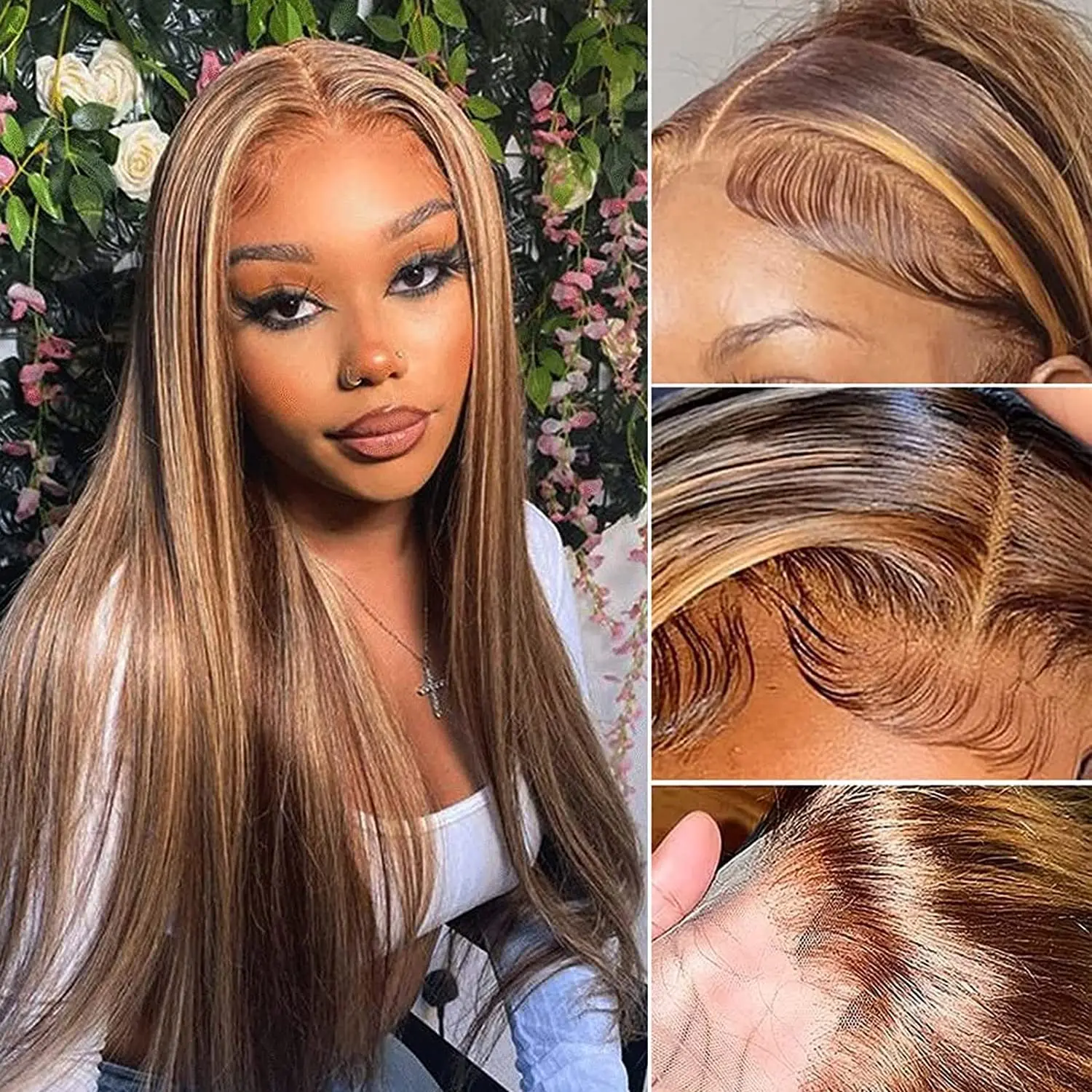 P​4/27 Highlight Human Hair Bundles With Frontal Straight Brazilian Virgin Hair 3 Bundles With 13x4 Frontal Closure Honey Blonde