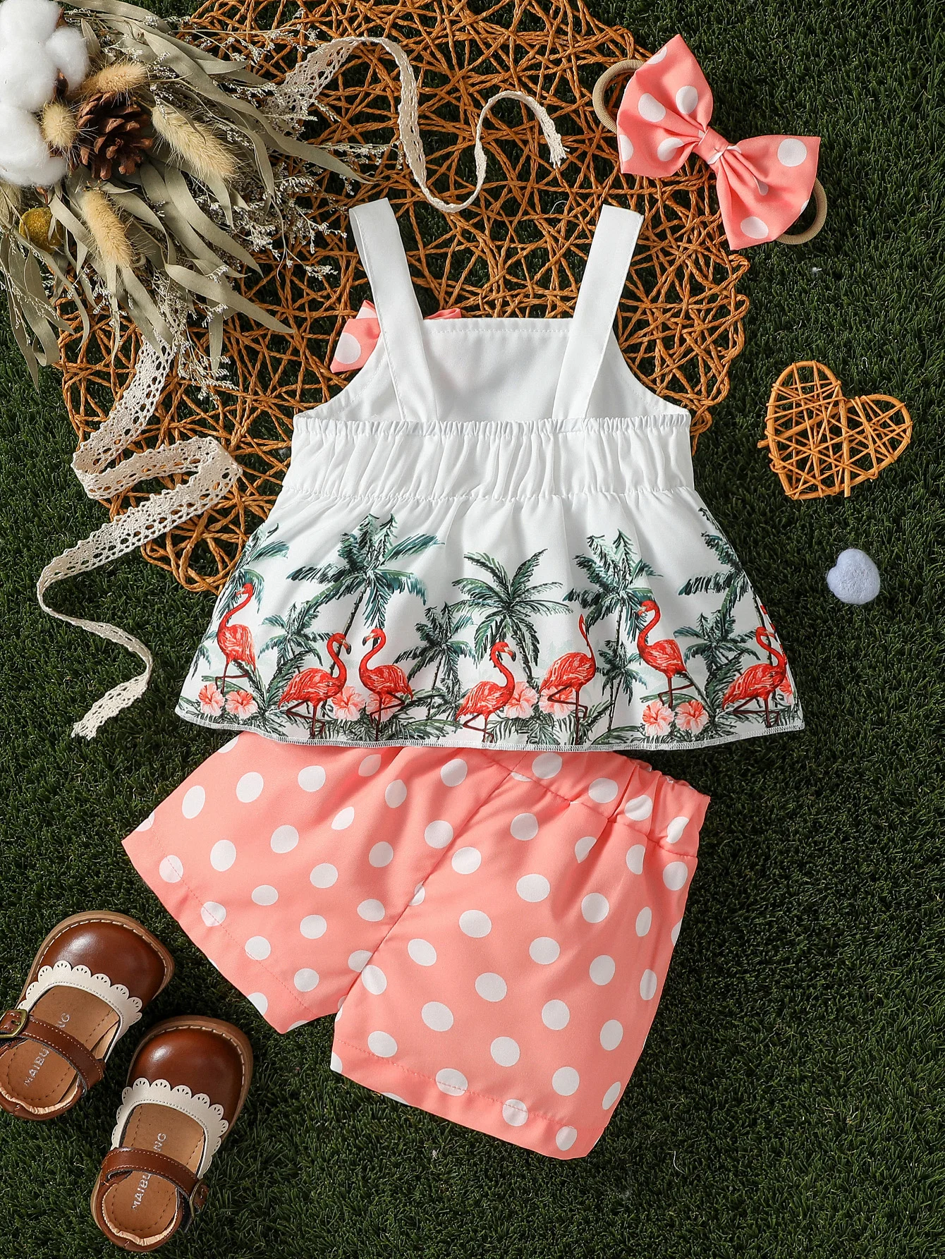 Baby Girls Summer 2Pcs T-shirt Printing Plants And Shorts With Polka dot Japan&Korean Daily Suit