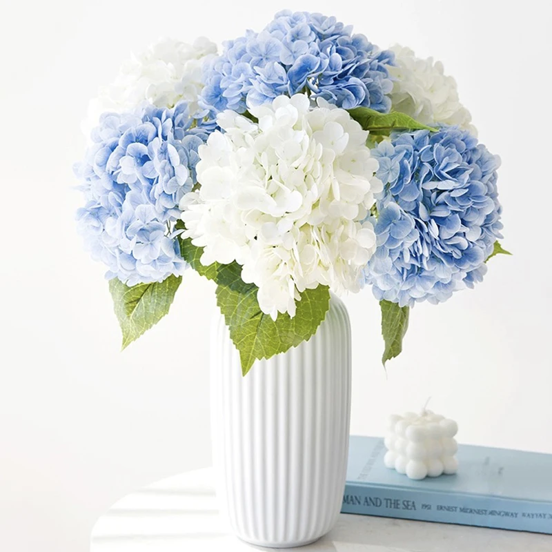 Blue Artificial Hydrangea Flowers Real Touch Green Artificial Hydrangea Branches Decoration Wedding Bouquet Flower Arrangement