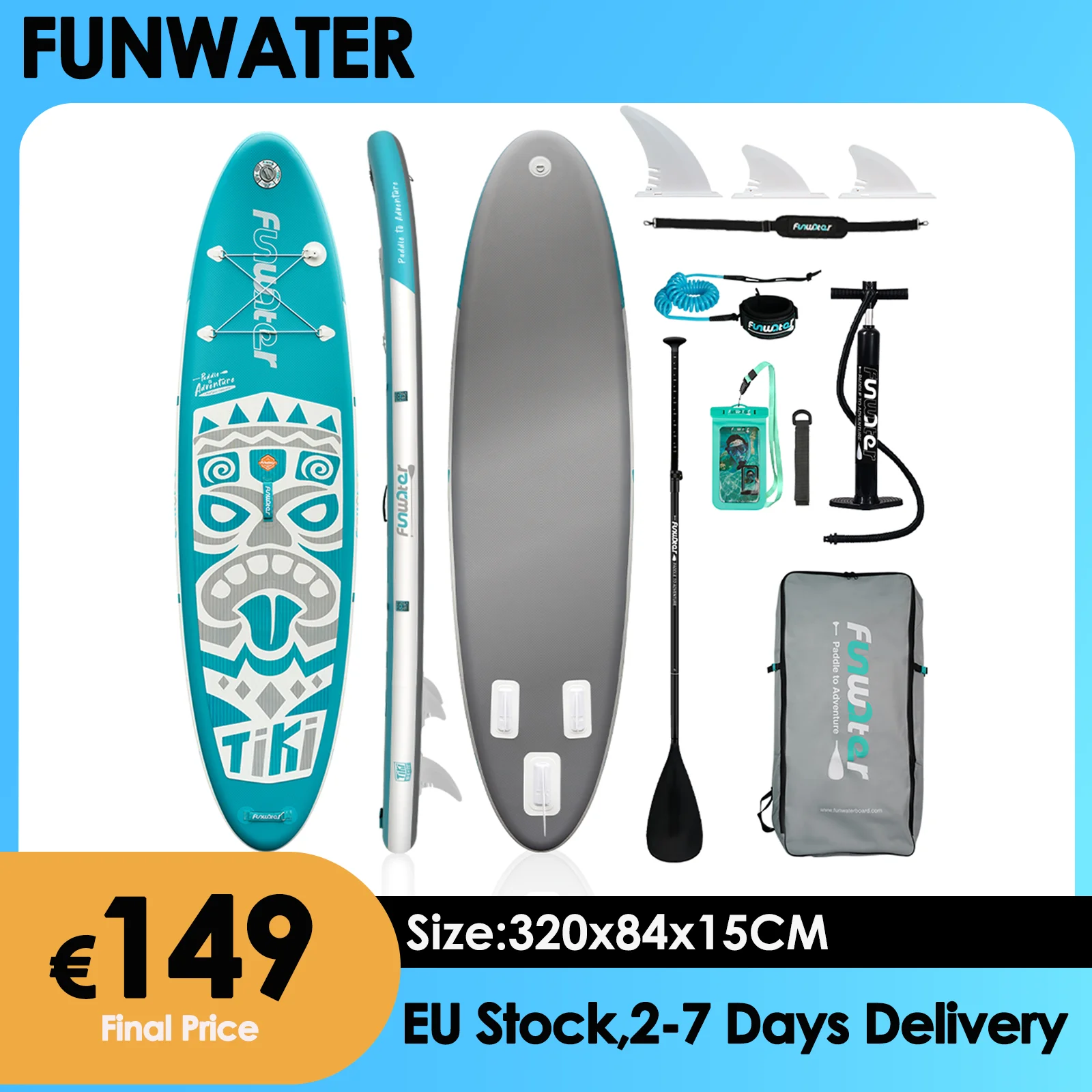 Tabla de paddle surf inflable FunWater Cruise 320x84x15CM, tabla de surf súper antideslizante para deportes acuáticos SUP con accesorios