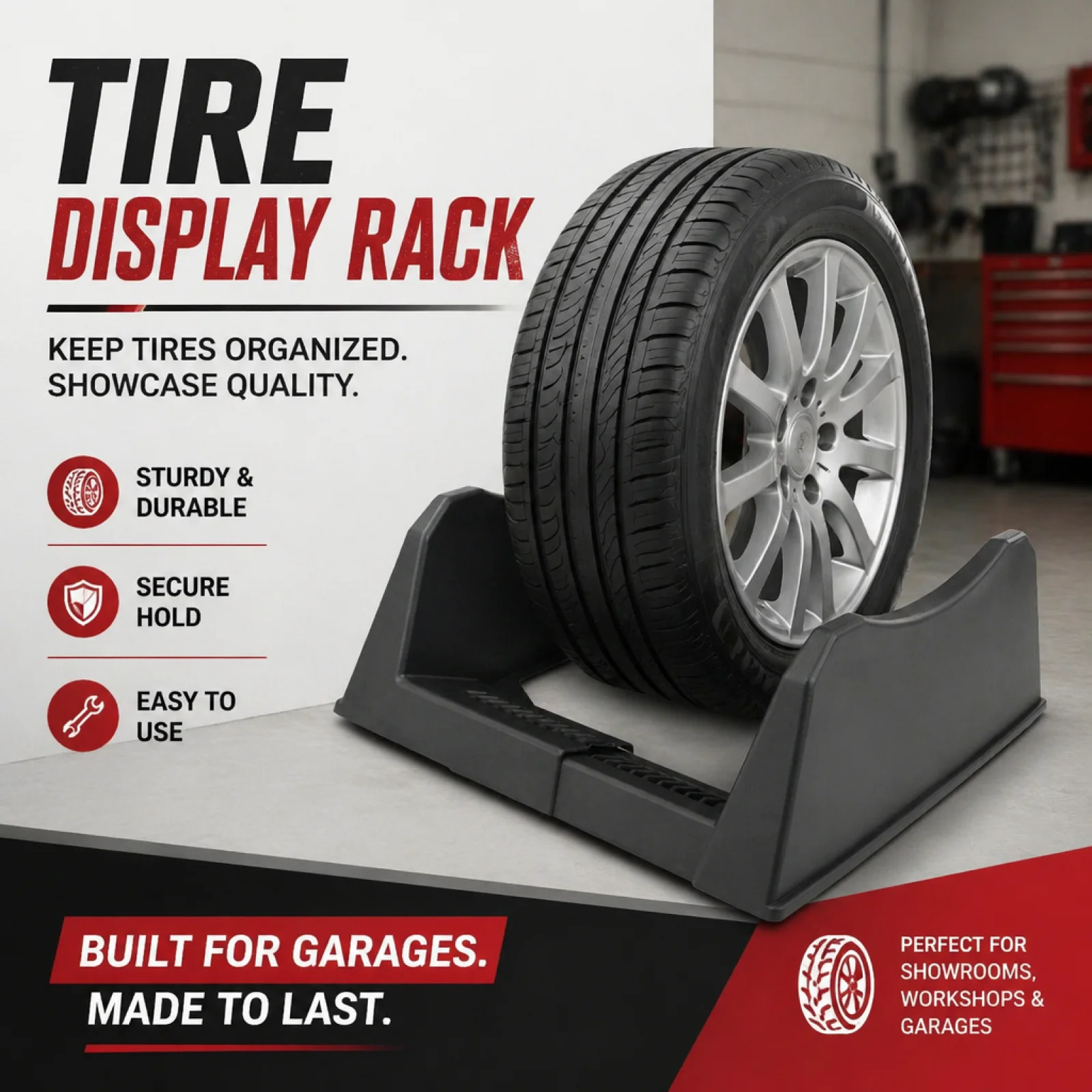 

Car Tire Display Stand Wheel Display Rack Holder Storage Tray Base Adjustable Width Stable Portable for Garage Shop Exhibition