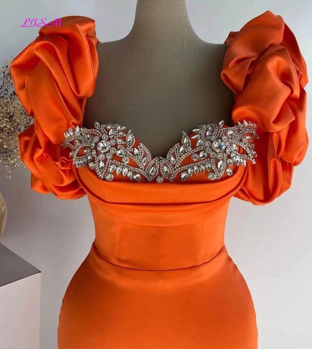 LISM Orange Satin Mermaid Prom Party Dresses Crystal Beaded Pleat Ruched Sweetheart Long African Evening Dress robe de soirée