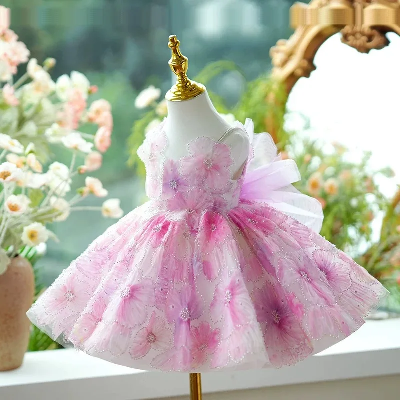 Jill Wish Elegant Floral Pink Girl Dress with Bow Lace Princess Toddler Kids Wedding 1st Birthday Pageant Party Ball Gown  J409