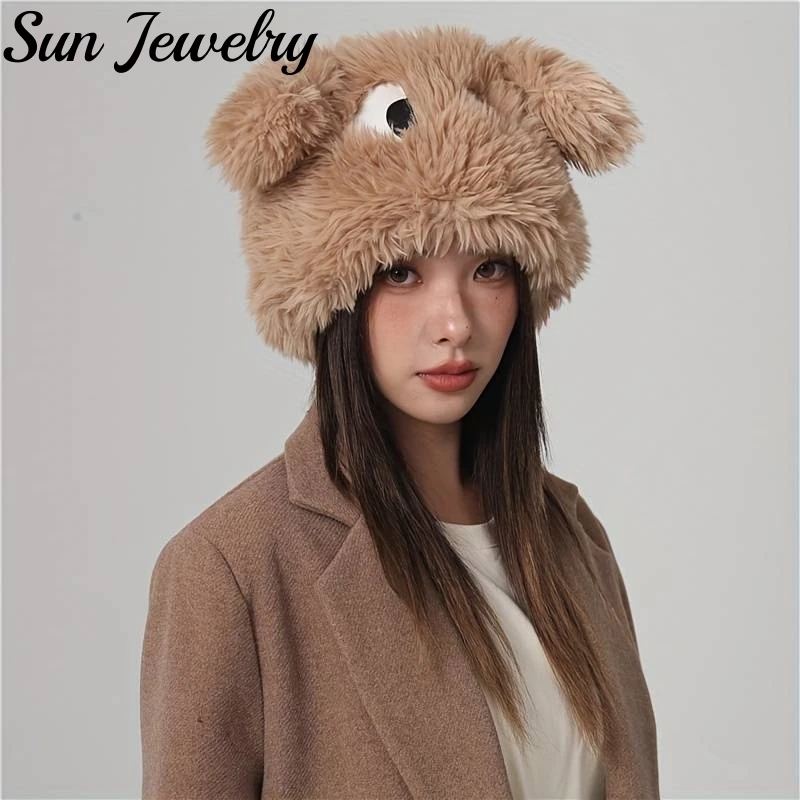 Big eye Puppy Plush Hat Women Autumn Winter New Thicken Warm Pullover Ear Protection Woolen Hat Cartoon Bucket Hat Fisherman Hat