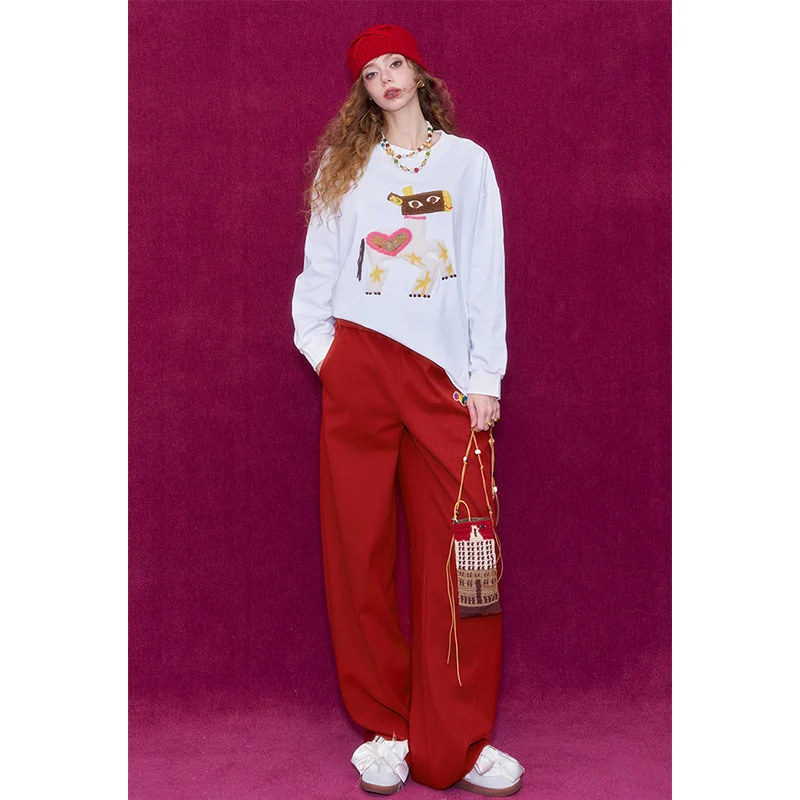ELFSACK Trendy Red Wide Leg Pants, Easy to Match with Sweaters & Blazers, Comfortable Loose Fit, Autumn Winter Women's Trousers