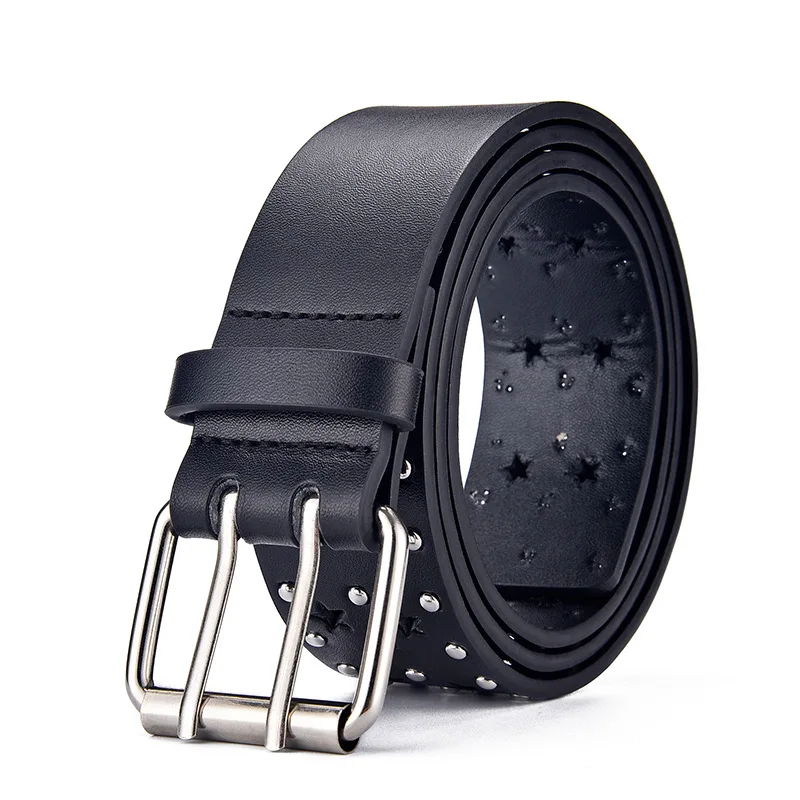 

New Punk Hip Hop Men's Belt Pentacle Cutout Belt with Rivets Faux Leather Decorative Belt with Double Hole Design