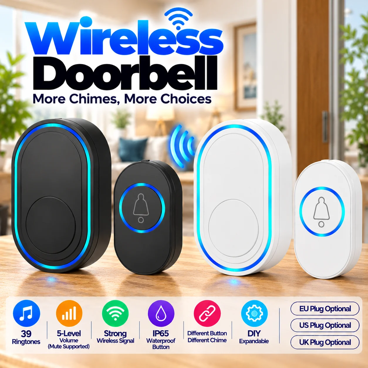 Waterproof Wireless Doorbell Home Welcome Smart Home Door bell 150m Remote Smart Bell Chime EU UK US Plug Optional