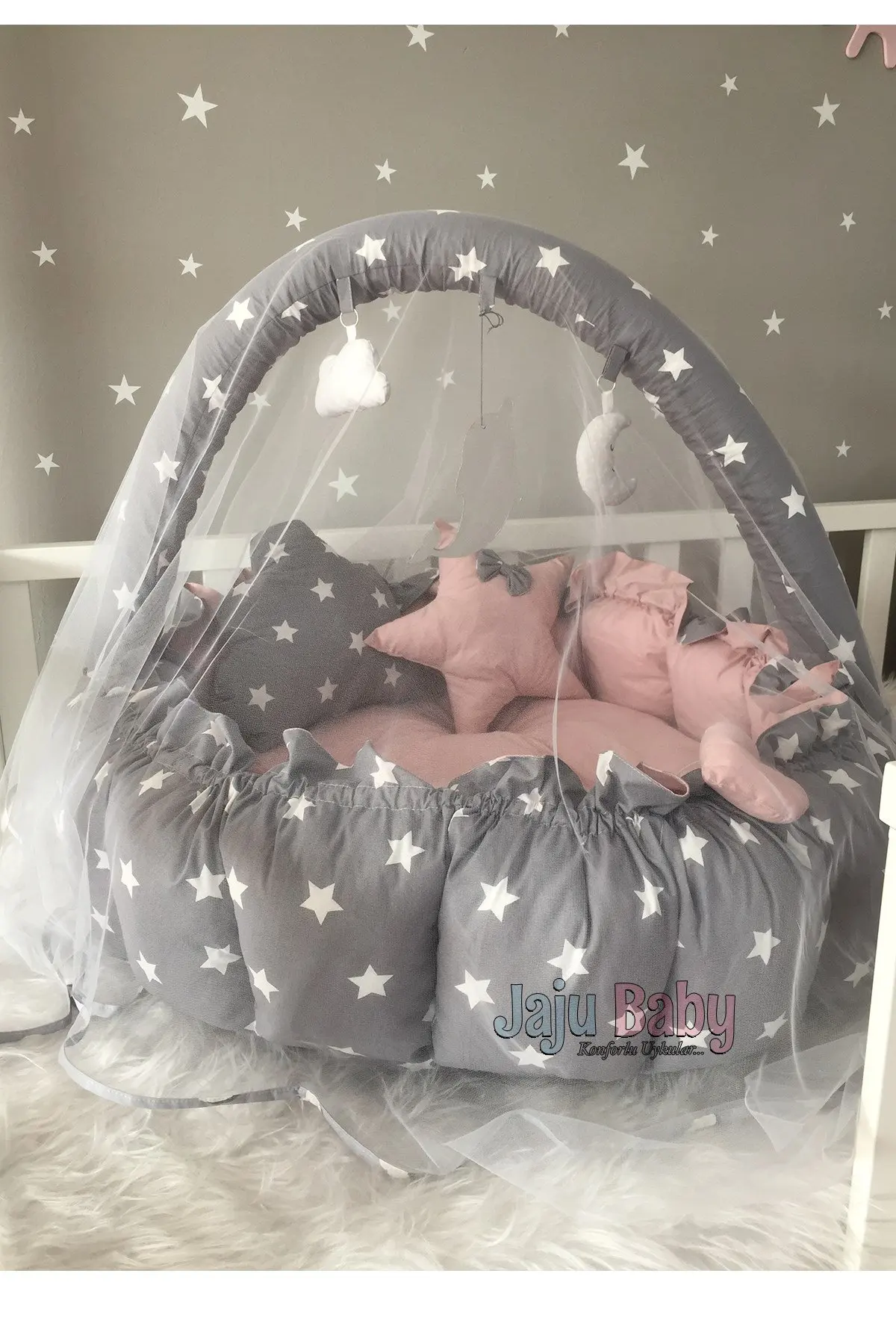 

Handmade Gray Star Powder Design Luxury Play Mat Babynest Mosquito Net Tulle Toy Apparatus Set