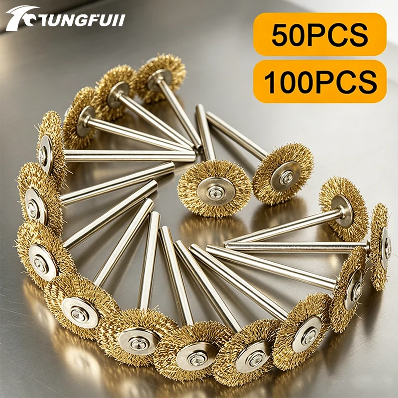 50Pcs/100Pcs 22mm Brass Wheel Wire Brush Set 3mm Shank for Dremel Tool Rotary Tool Accessories Polishing Brushes Abrasive