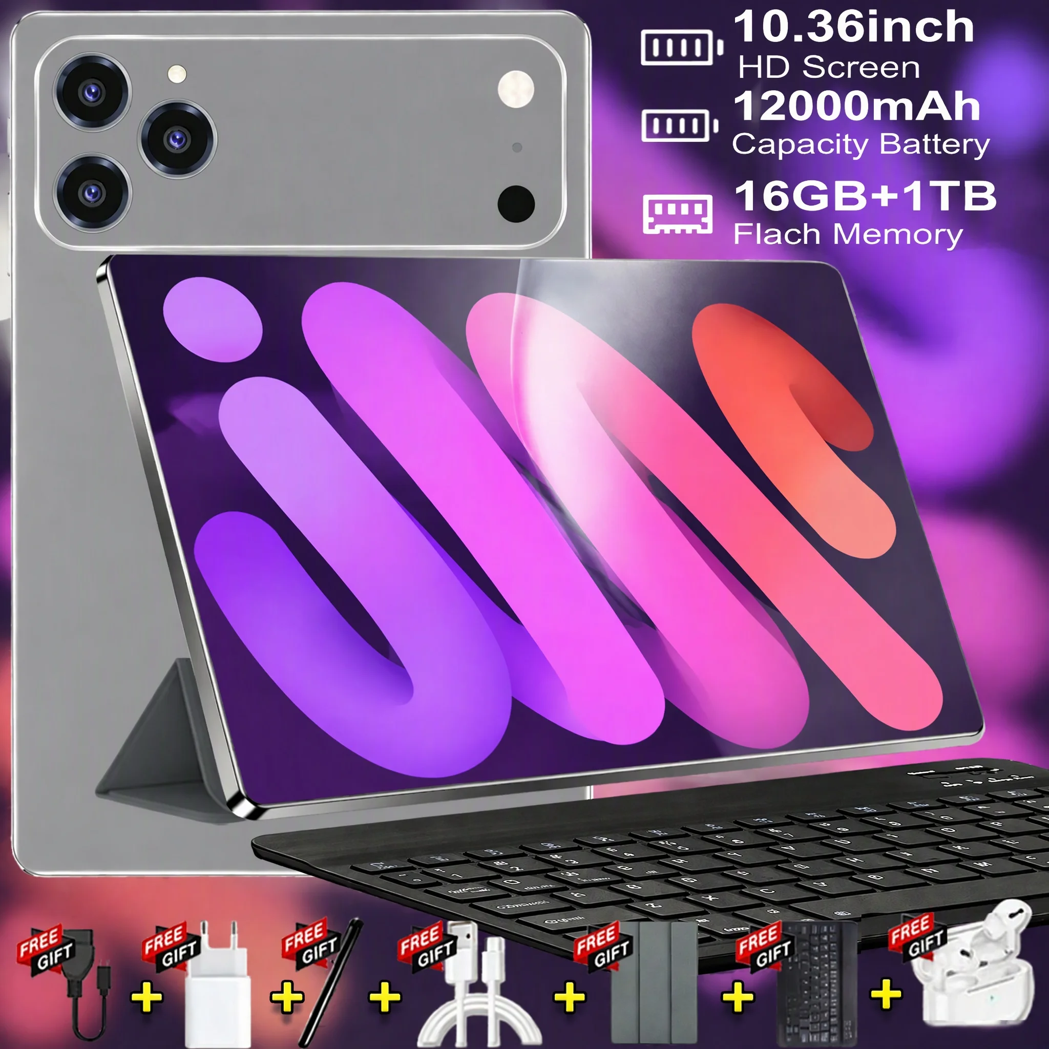 Tableta Android HD de 10,36 pulgadas, versión global 2026, batería de larga duración de 12000 mAh, 16 GB + 1 TB de espacio de