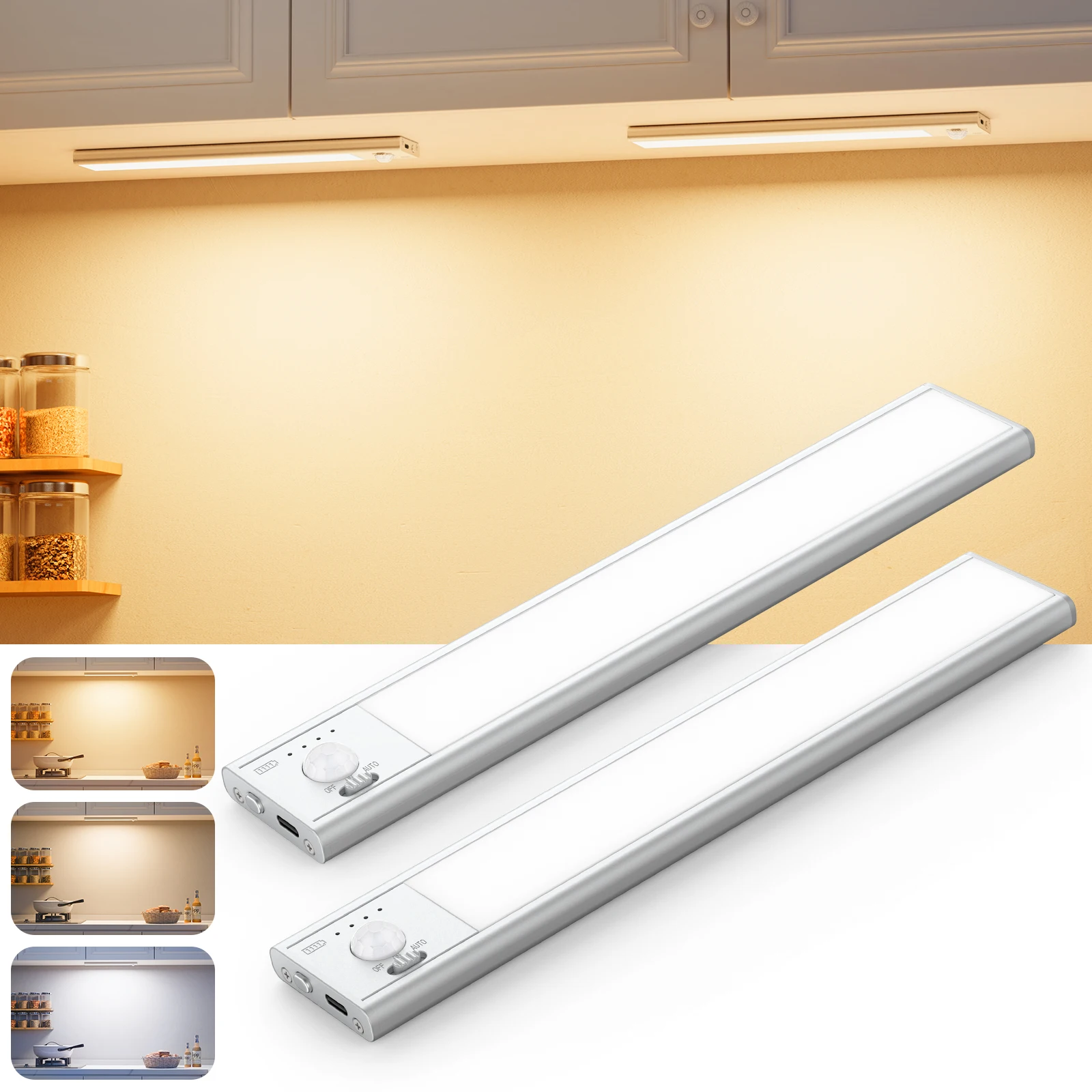 2-pack oplaadbare LED-onderkastverlichting met bewegingssensor, magnetisch, draadloos, USB-C, dimbaar, voor keuken, kast, slaapkamer, met 3 kleurtemperaturen