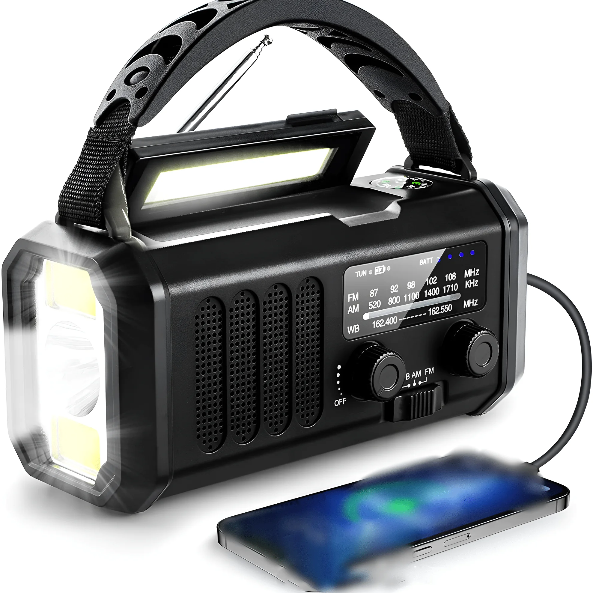 Radio de Emergencia, Generación de Energía con Manivela, Función de Carga Solar, Banco de Energía de 10,000 mAh, Radio Meteorológica AM/FM/WB, Linterna LED y Luz de Lectura COB, Brújula, Alarma SOS