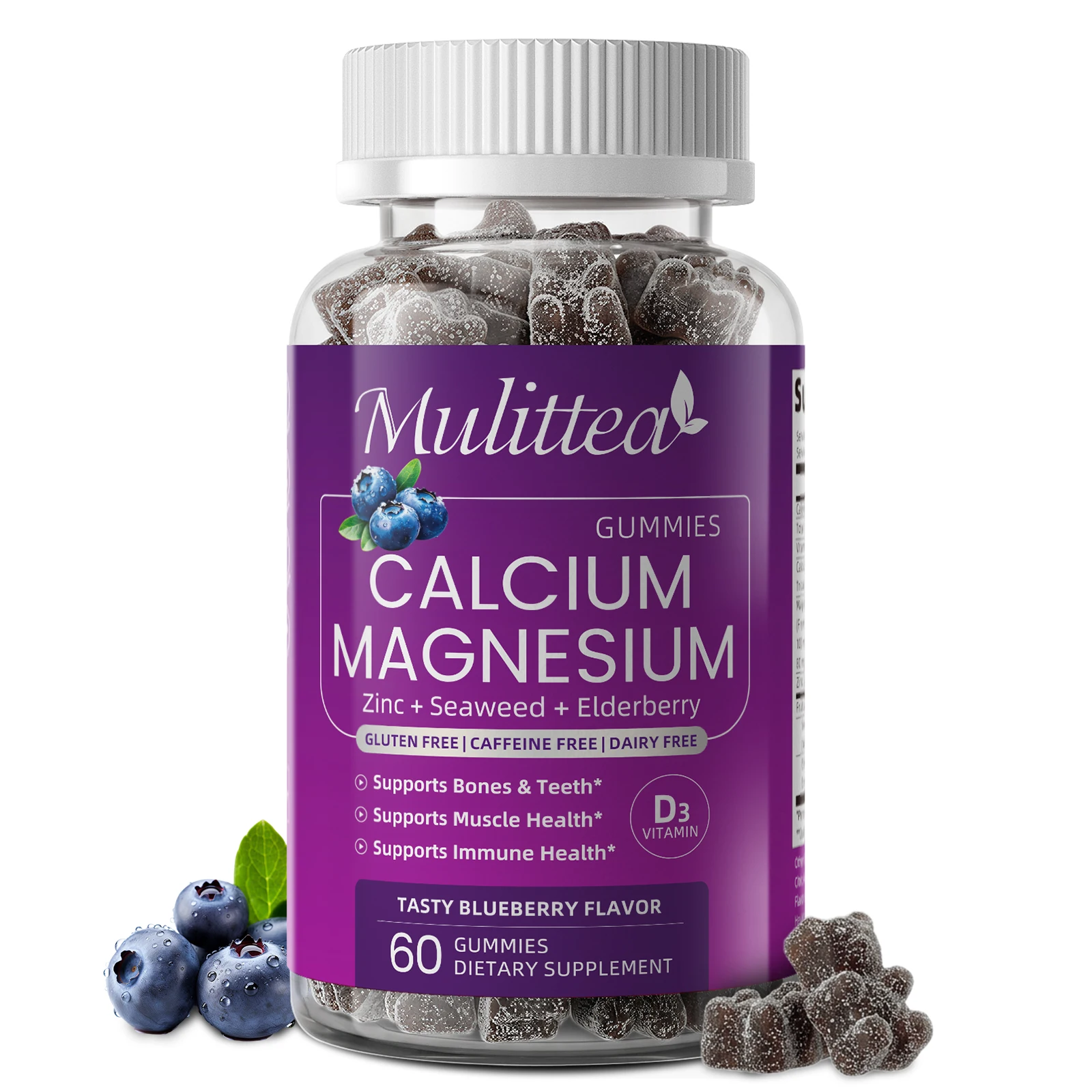 Mulittea Plant Based Calcium Magnesium Zinc Gummies with Vitamin D3,Elderberry Extract for Bone Strength, Contains Whole Food Natural Minerals-Bone Health, Calm Mood & Sleep Support for Women & Men