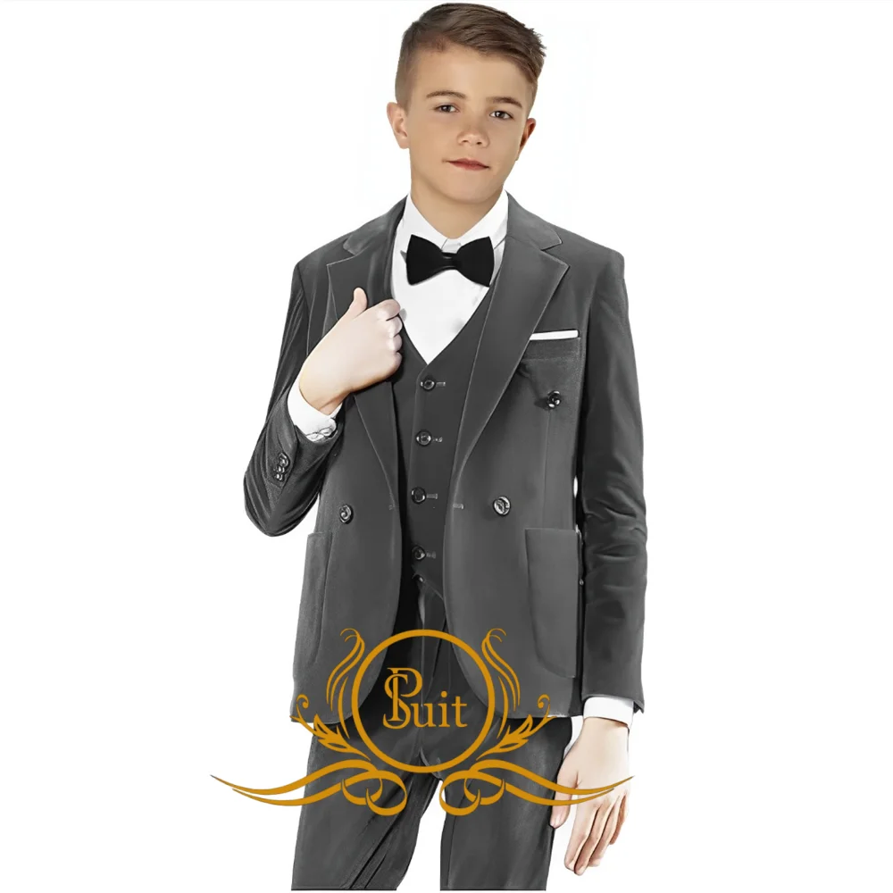 Formeel jongens fluwelen 3-delig pak reverskraag bruiloft smoking hoogwaardige slim fit blazer vest broek voor kinderen