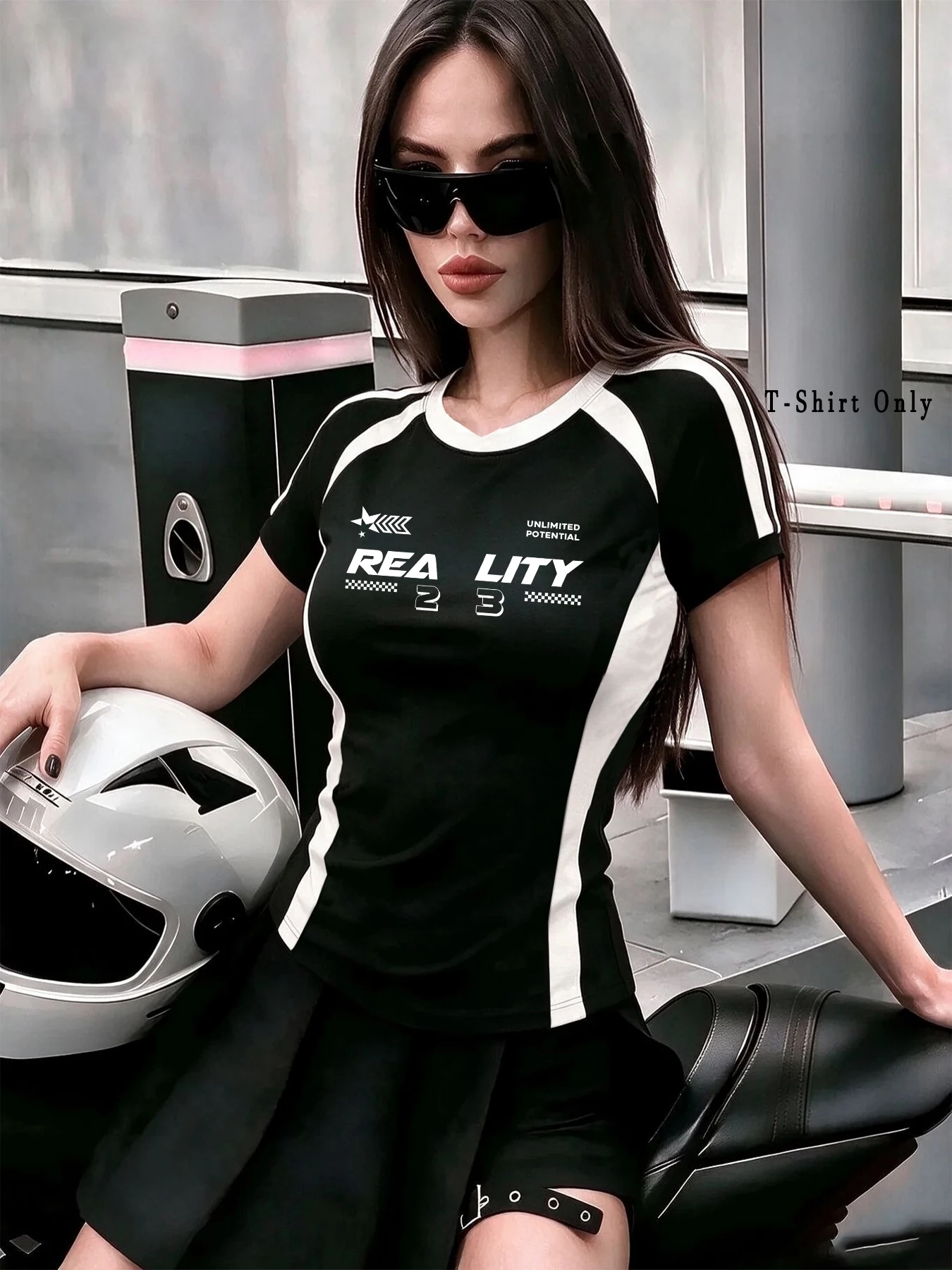 Y2K Racing Slim T-shirt Women Black White Contrast Short Sleeve Top REALITY Letter Print Streetwear Tees
