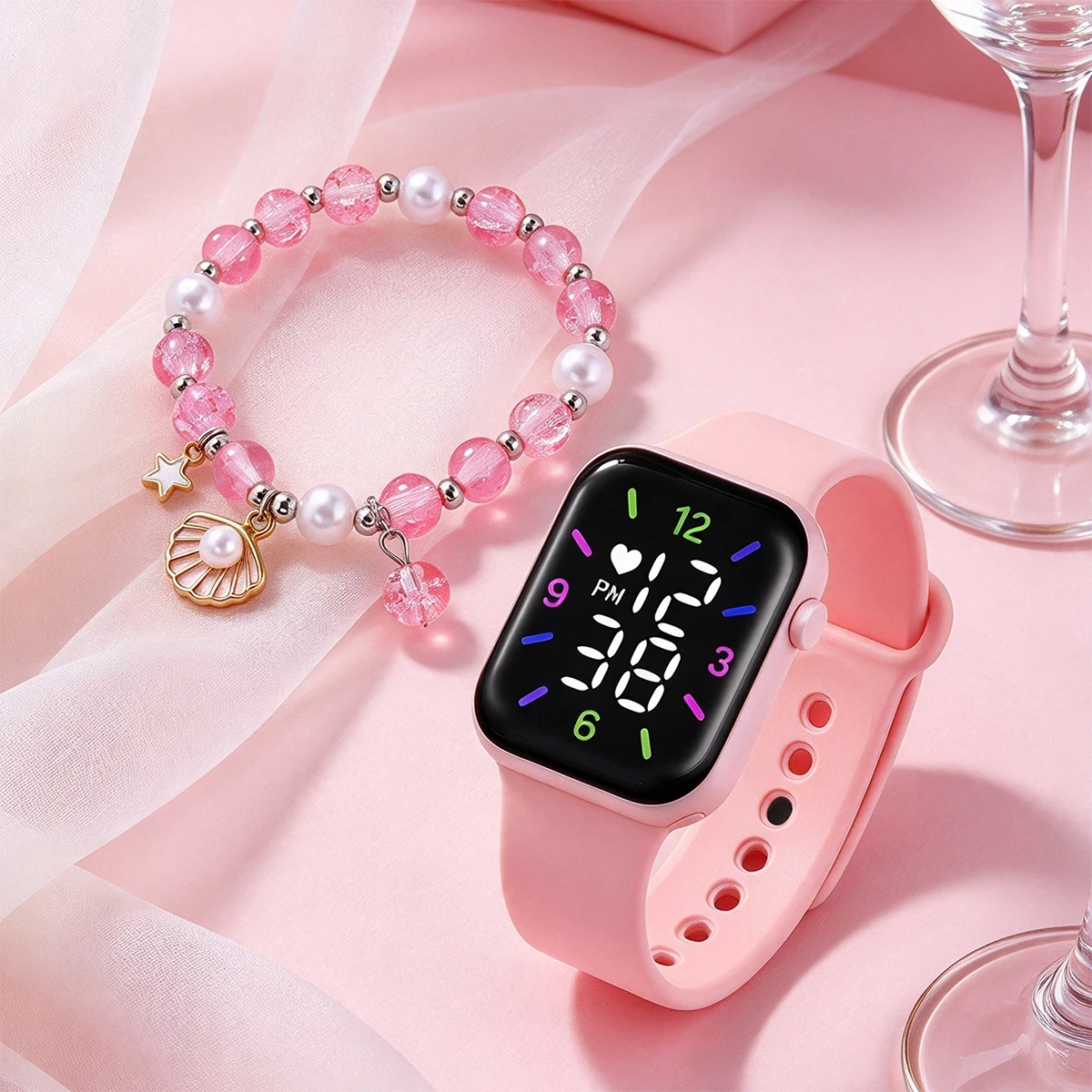 Cute and Romantic Women's Electronic Watch Set (2-Piece Set) with Beaded Shell Pendant Bracelet, Suitable for Daily Wear, Birthday Parties, Holidays
