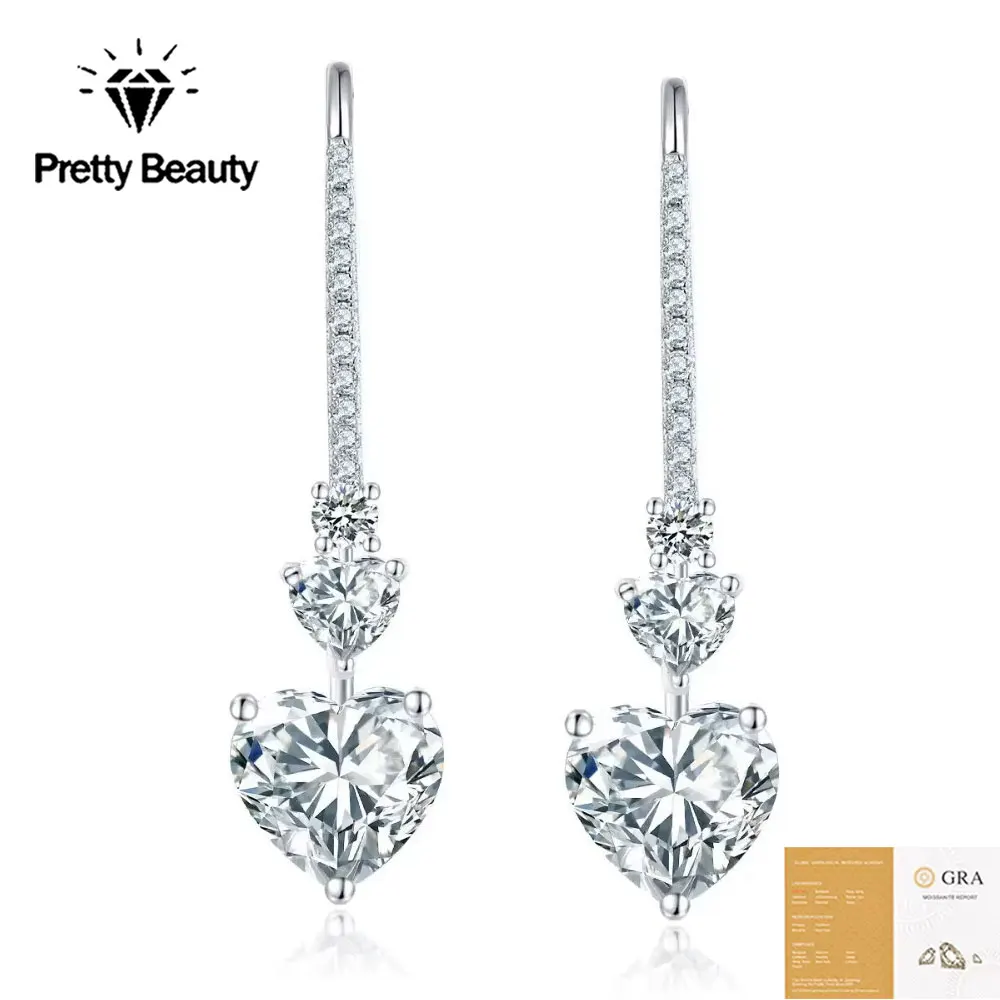 Pretty Beauty 925 Sterling Silver Moissanite Heart Earrings for Women Long Drop Heart Shaped Hook Earrings Wedding Jewelry Gift