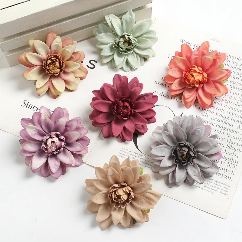 3/5Pcs 9CM Dahlia Artificial Silk Flowers Heads For Home Wedding Bride Decoration DIY Wreath Gift Party Dress Set Decorations