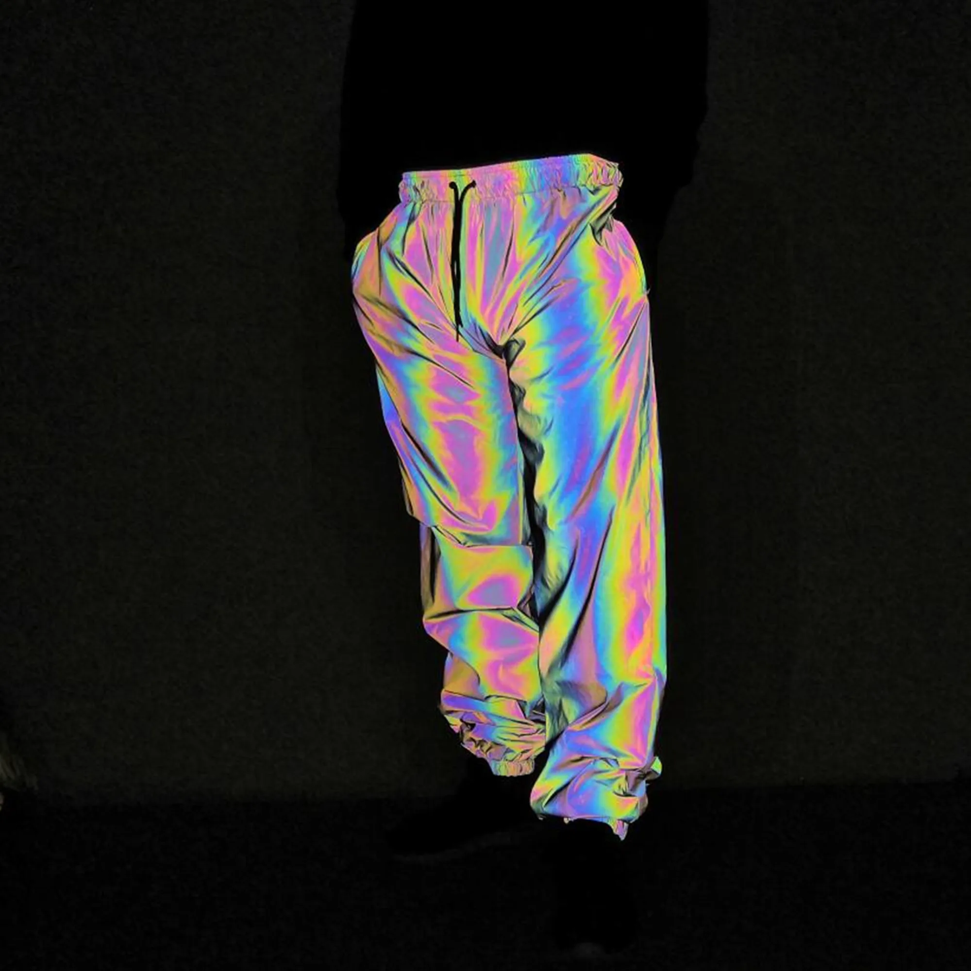 Holographic Men Reflective Rave Geometric Colorful Hip Hop Pants Casual Jogging Sweatpants Clothing