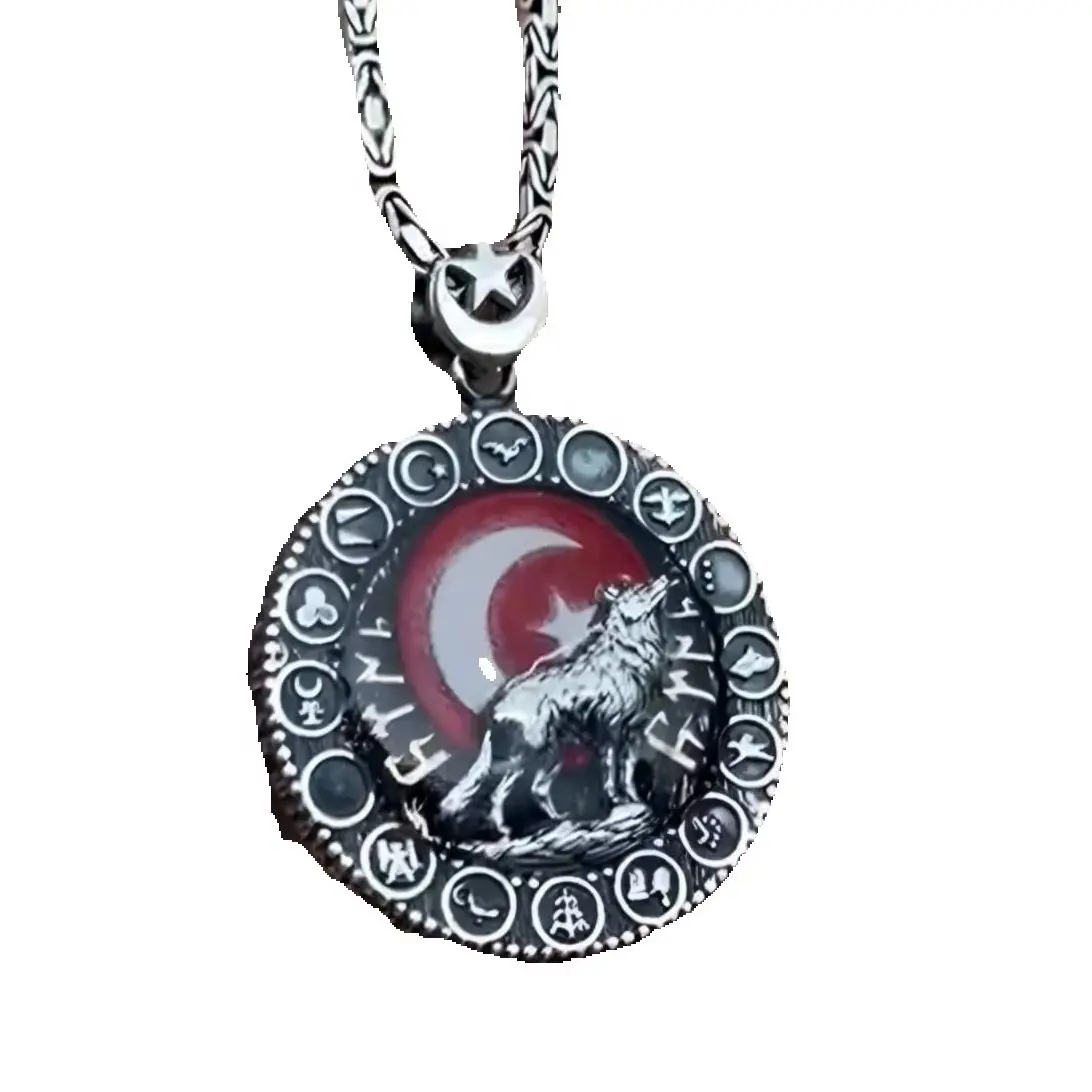 

925 Sterling Silver Wolf Medallion Necklace - Turkish States Flag Design - Turkish Wolf Medallion Pendant - 925 Silver Necklace