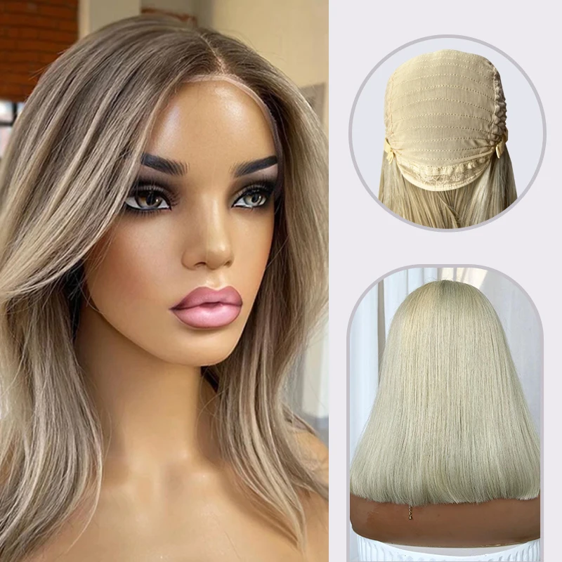 Ash Blonde Highlight Wig Synthetic Hair Brown Roots Ombre Lace Frontal Wigs For Women Synthetic Hair Transparent Front Lace Wig