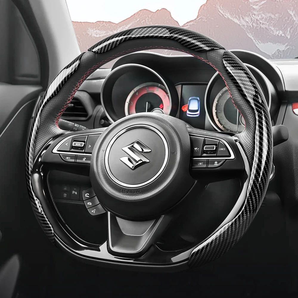 Funda Protectora para Volante con Textura de Fibra de Carbono Brillante, Compatible con Suzuki Sporty, Wagon R, Swift, Ertiga, Brezza, Baleno, Fronx, Dzire, Spacia, Alto, Eeco, Hustler, Grand Vitara, S-Cross, Ignis