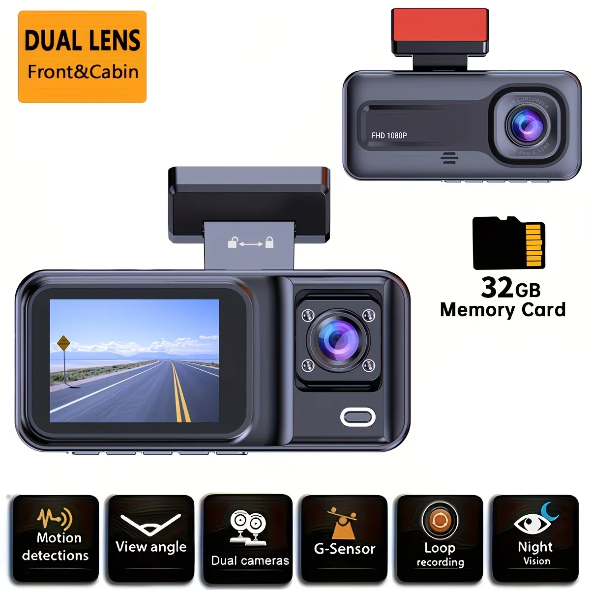 1080P Dual-Lens Dashcam für Fahrzeuge, mit Front- und Innenraumaufnahme, Infrarot-Nachtsicht, Loop-Aufnahme